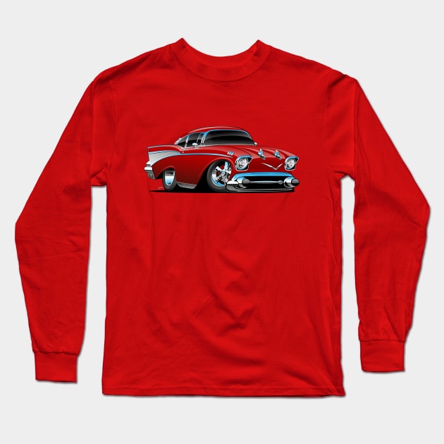 Classic hot rod 57 muscle car, low profile, big tires and rims, candy apple red cartoon Long Sleeve T-Shirt by hobrath